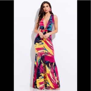 NWOT Multicolored Deep Plunge Maxi Dress Size Med